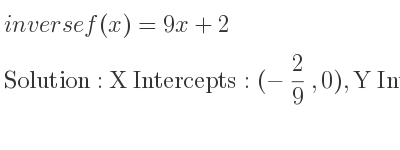 The inverse of f(x)=9x+2 is X Intercepts: (-2/9 ,0),Y Intercepts: (0,2)